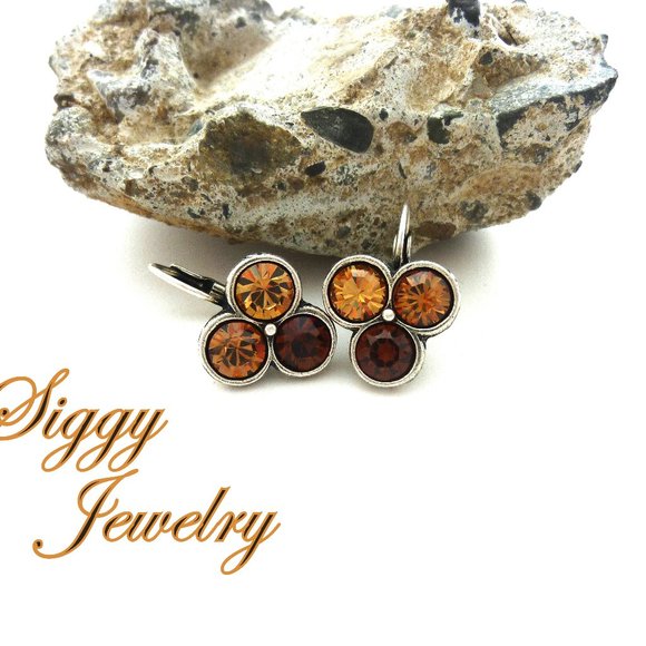 Triple Stone Triangular Shape Swarovski Crystal Topaz Drop Lever Back Earrings - Picture 4 of 4